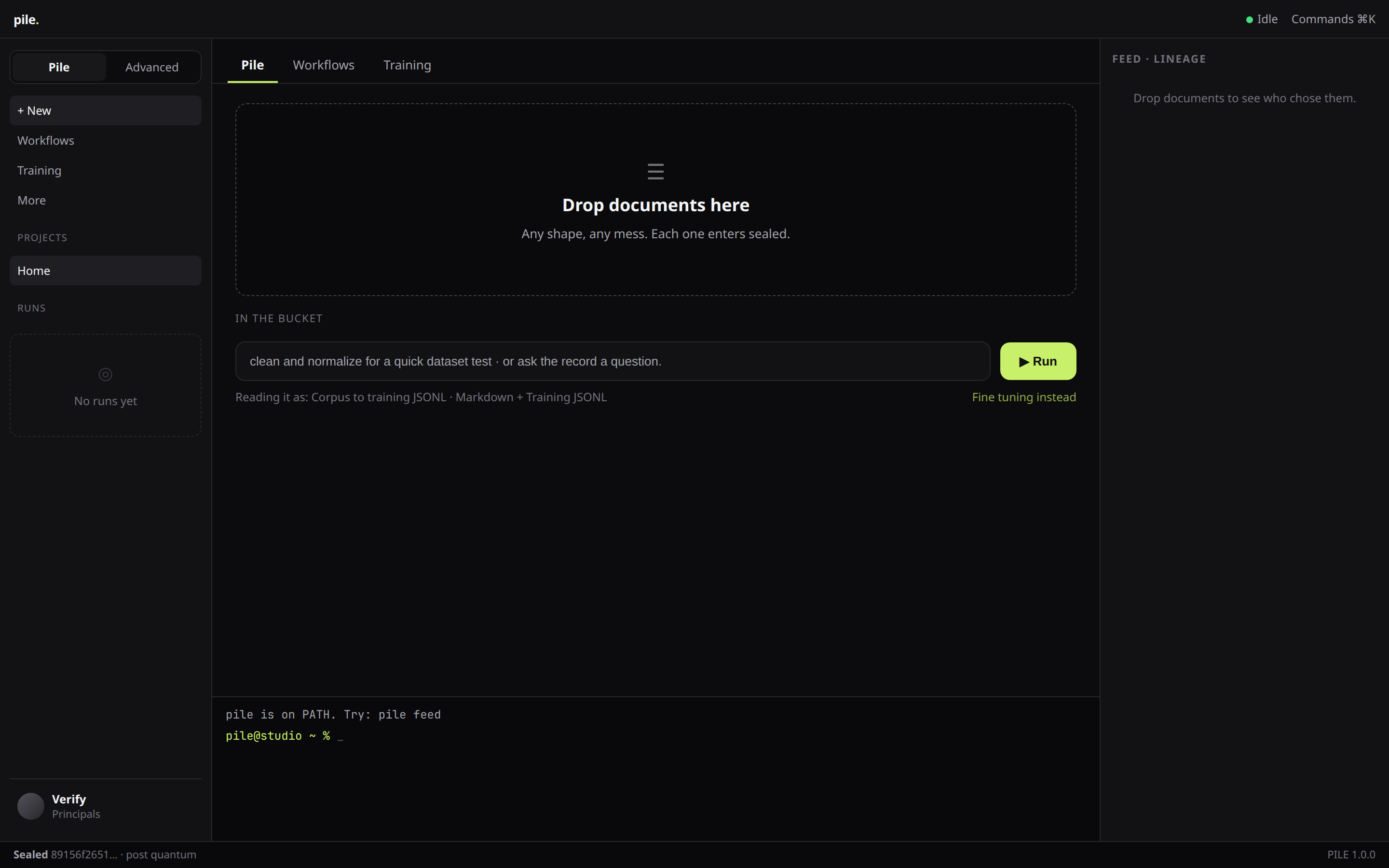 pile studio: drop documents, feed lineage, sealed ledger